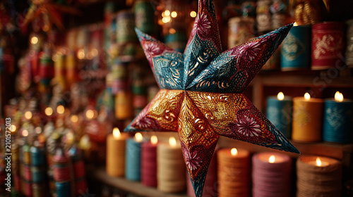 Piata candles and Christmas decorations in a vibrant market in Mexico
