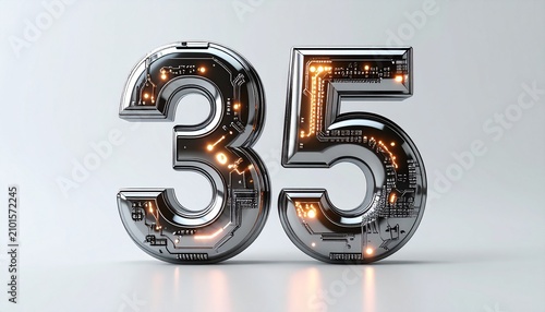 Futuristic 35 Number Design Featuring Metallic Chrome Surface with Glowing Digital Circuitry Elements