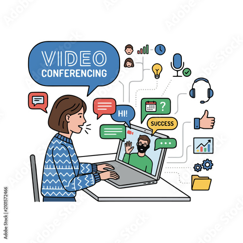 A minimalist flat vector illustration of a person having a video call on a laptop