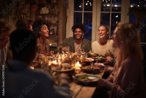 Diverse friends sharing dinner in cozy home setting.