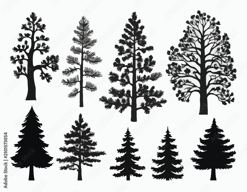 Obraz premium Pine and oak tree silhouette. Set of icons with black figures of spruce, pine, wild forest trees and woodland. Design Element for Logo. Flat vector illustration collection isolated on white .