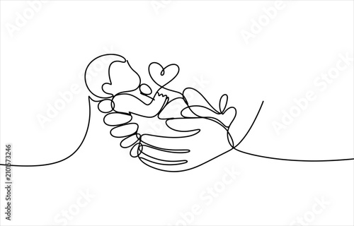 Fotografi Continuous single line drawing of a parent holding a cute newborn baby with a he