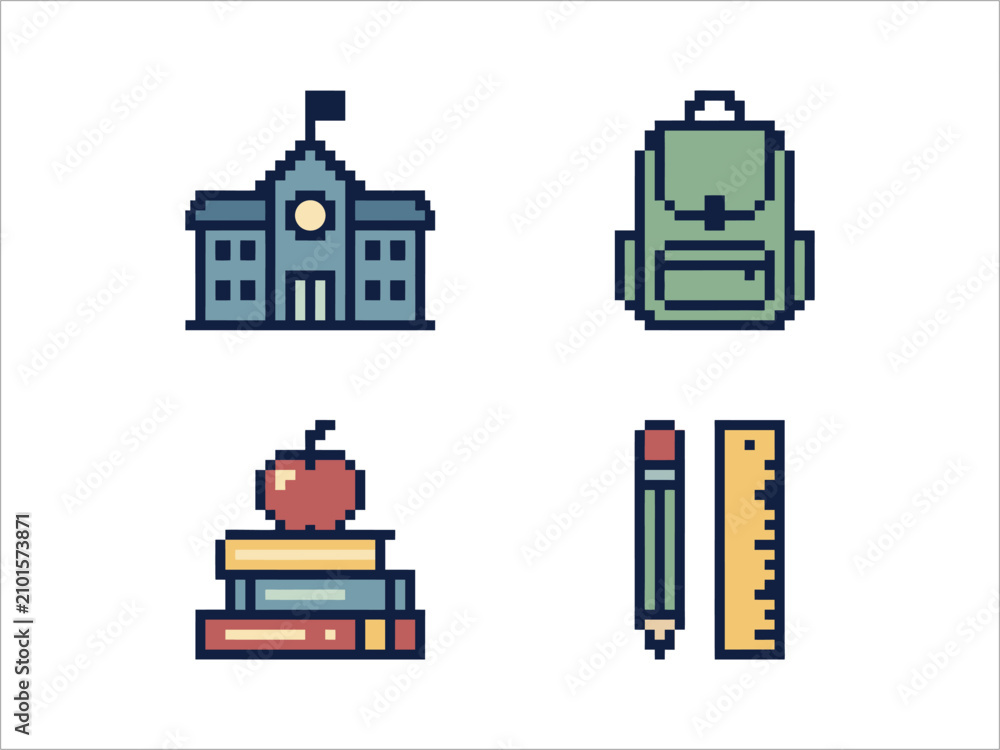 Fototapeta premium Retro Pixel Art Back to School Education and Student Life Icons Set Vector