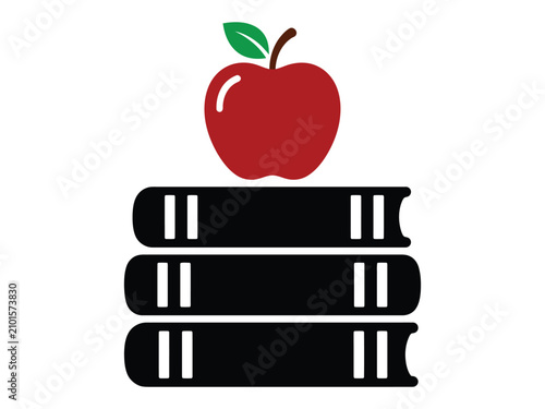Educational apple on book stack icon, red fruit on black textbooks vector, school and learning symbol for academic projects, flat study graphic