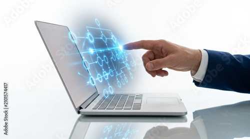 Digital abstract network diagram emerging from laptop screen, touched by a human finger, representing innovation and connectivity, ideal for technology, data analysis, and digital transformation