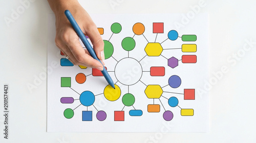 Colorful mind map diagram on white paper with hand holding pen, concept for brainstorming, planning and idea generation, suitable for business strategy and education content.