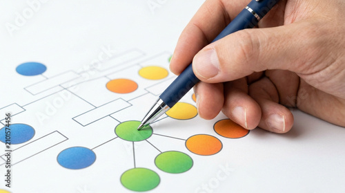 Hand holding pen over colorful flowchart diagram, concept for business planning, strategy development, and project management, use for presentations and reports.