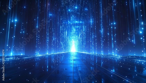 A futuristic sci-fi scene featuring a glowing human silhouette standing within a digital portal surrounded by luminous blue data streams. Perfect for concepts of artificial intelligence.