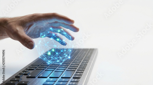 Futuristic glowing digital network sphere hovering above a keyboard, with a human hand reaching out, concept for innovation, data science, and advanced technology integration