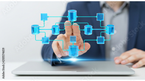 Futuristic digital network with human hand interaction, symbolizing global data connectivity, for cloud computing solutions and IT infrastructure promotion.