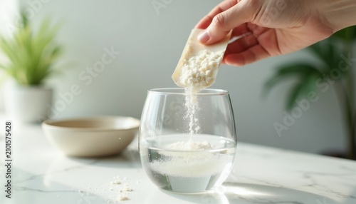 Person hand pours white fiber supplement powder into glass filled with water. Healthy diet drink prepares in kitchen on marble surface. Morning routine includes natural vitamin mix for daily