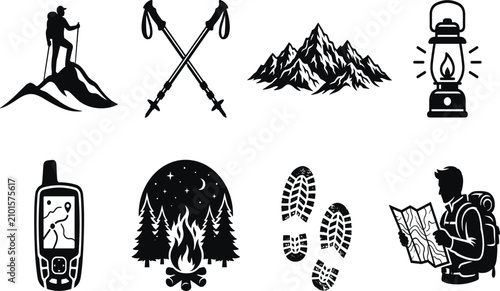 Tableau sur toile Mountain Hiking and Outdoor Camping Silhouette Icon Set with Hiker Trekking Pole