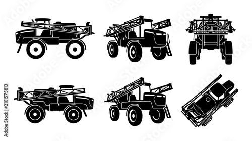 Foto Agricultural Sprayer Vector Icons, Farm Equipment Machine Silhouettes, Crop Prot