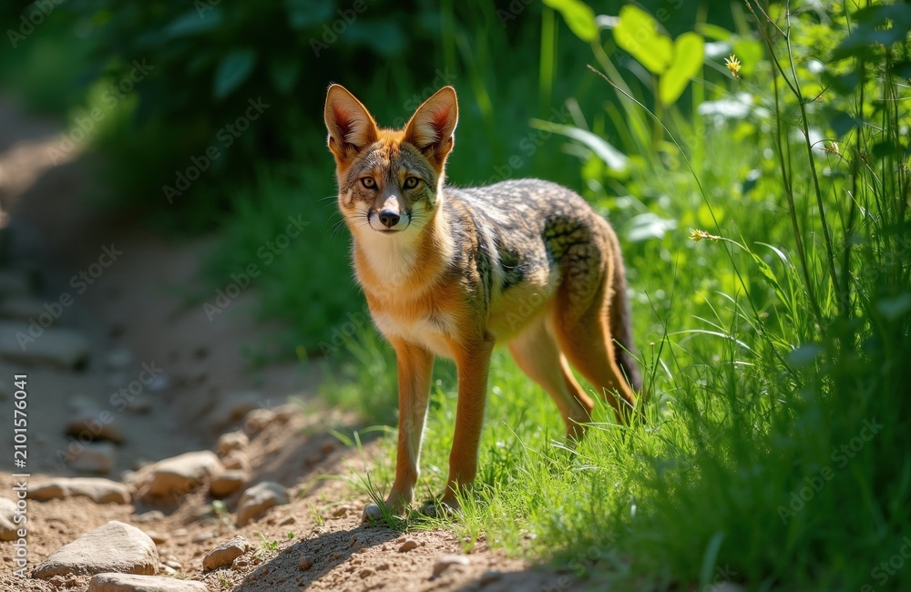 Fototapeta premium Wild corsac fox stands on dirt trail in green summer forest. Small mammal looks at camera in natural habitat. Brown predator rests near grassy field during sunny day. Fox portrait shows orange fur