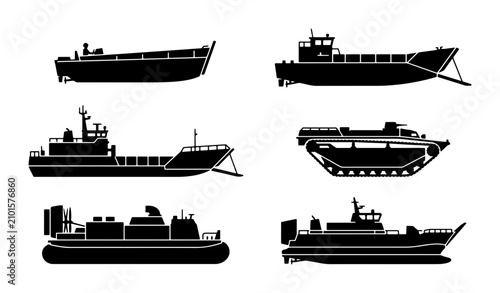 Canvastavla Military Landing Craft & Amphibious Vehicles Vector Set, Naval Transport Icons,