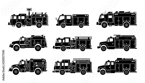 Obraz na płótnie Fire Truck Vector Icons, Emergency Vehicle Silhouettes, Firefighting Transport C
