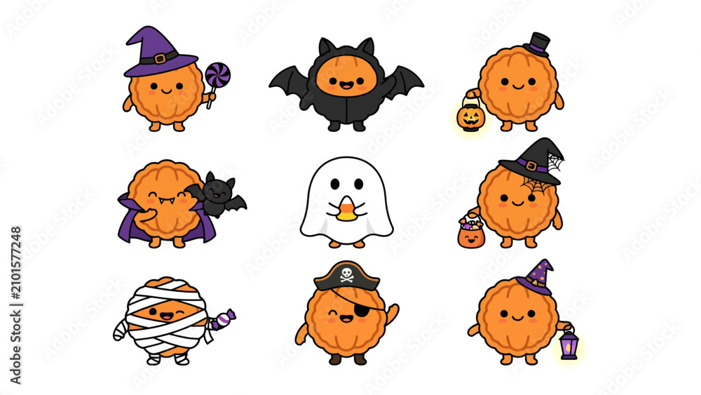 Fototapeta premium Kawaii Halloween Characters: A charming collection of cute, cartoonish Halloween-themed characters including pumpkins dressed as a witch, bat, ghost, mummy, and pirate.