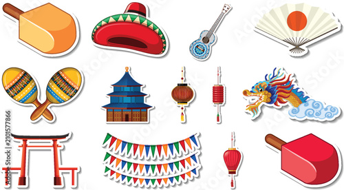 Isolated multi cultural sticker objects group illustration vector