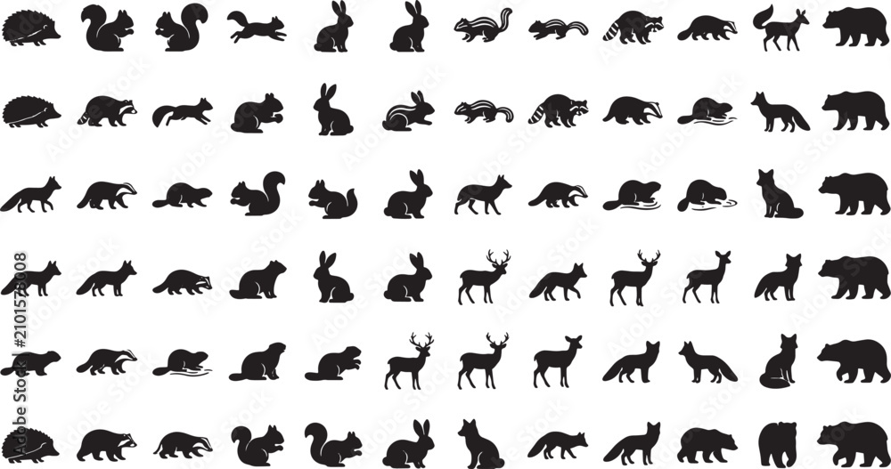 Obraz premium Set of forest animal silhouettes featuring bears foxes rabbits squirrels and hedgehogs in black vector icons