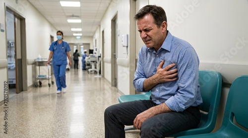 Distressed middle-aged man wearing a wrinkled light blue dress shirt sitting on a teal plastic chair in a hospital clutching his bare chest.