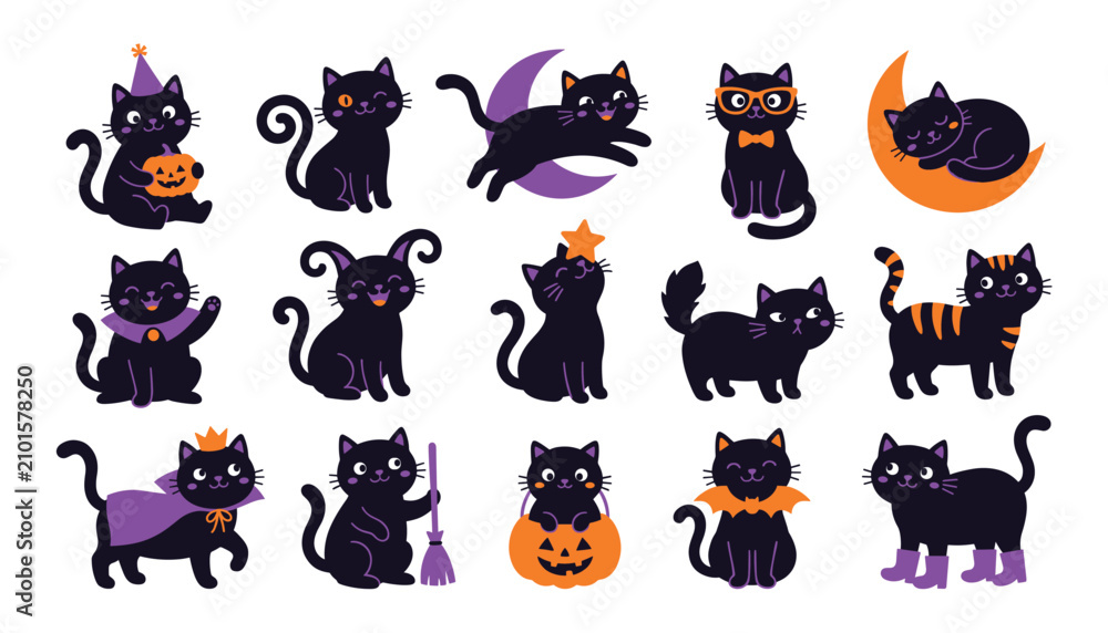 Obraz premium Cute black cats collection during Halloween with pumpkins and moon in flat design style