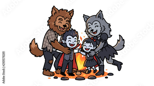 Spooky Family Gathering: A whimsical illustration depicts a werewolf family and vampire children gathered around a campfire, sharing a moment of joy and togetherness during a spooky celebration.