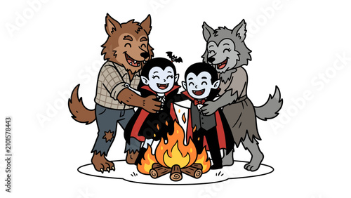 Foto Monster Family Fun: A heartwarming illustration depicts two friendly werewolves embracing two cheerful young vampires around a crackling campfire, celebrating a unique inter-species bond