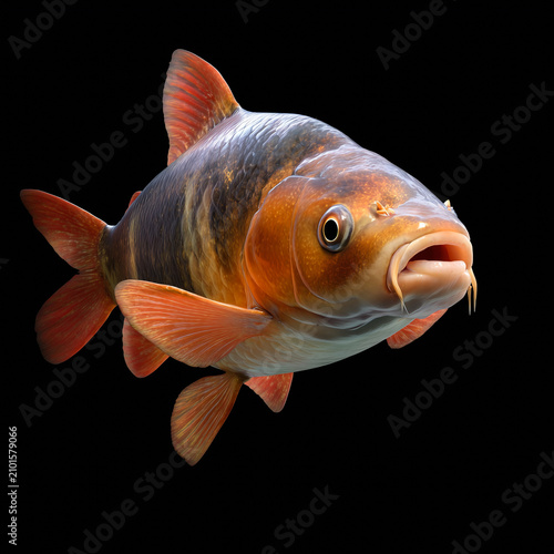 Orange carp fish swimming isolated on black background