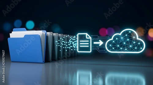 Naklejka Visualizing data migration: Important digital documents move from organized folders to a secure, interconnected cloud computing system.