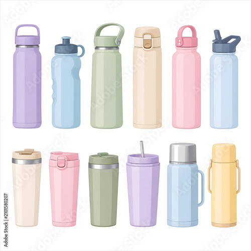 Collection Of Reusable Water Bottles, Travel Mugs, Thermoses And Tumblers In Pastel Colors