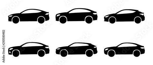 Foto Six Black Car Icons, Modern Sedan and SUV Silhouettes, Automotive Vector Graphic