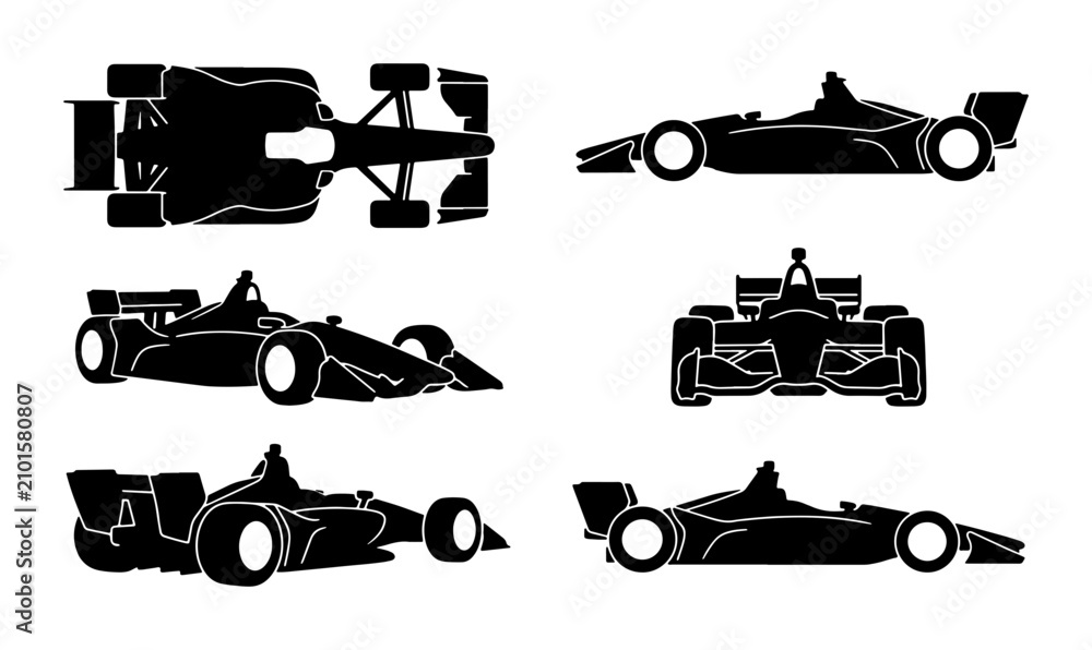 Obraz premium Formula 1 Race Car Silhouettes, Speeding Vehicle Views, Motorsport Vector Icons