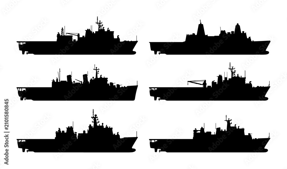 Fototapeta premium Naval Ship Silhouettes, Warship Vector Icons, Military Fleet Collection, Maritime Vessels Set