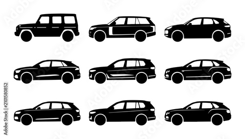 Foto SUV Car Icons Set, Modern Vehicle Silhouettes Collection, Automotive Vector Grap