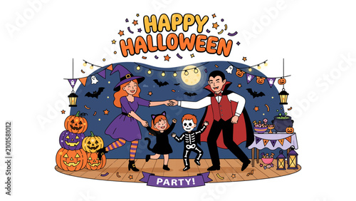 Halloween Family Celebration: A whimsical illustration depicts a family dressed in spooky costumes, enjoying a festive Halloween party filled with pumpkins, candy, and spooky decorations.
