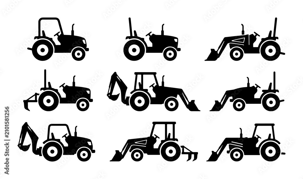 Naklejka premium Tractor Icons Set: Agricultural Machinery Vector Graphics, Farm Equipment Silhouettes for Rural Industry