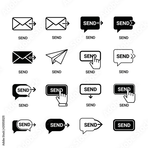 Send Message Icons Set: Email, Paper Plane, Speech Bubble, Button Click