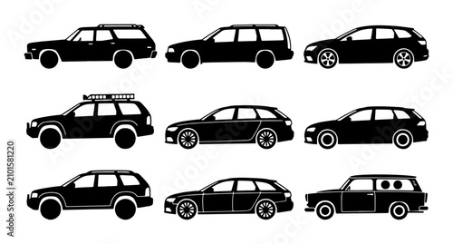 Canvastavla Station Wagon Icons Set, Black Estate Cars Collection, Automotive Vehicle Silhou
