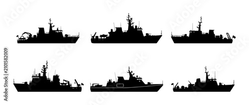Bild auf Leinwand Modern Warship Silhouettes, Naval Fleet Icons, Military Ship Collection, Maritim
