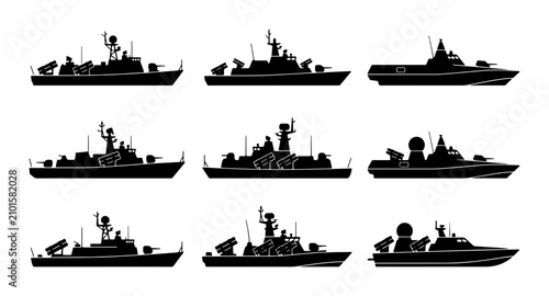 Photos Modern Warships Collection, Military Naval Vessels Set, Armed Patrol Boats Vecto