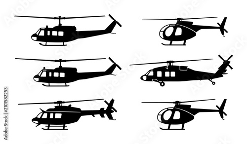 Photography Helicopter Silhouettes Collection, Six Rotorcraft Icons, Aviation Transport Vect