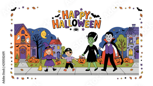 Happy Halloween Illustration: A cheerful Halloween illustration depicts costumed children and adults walking down a spooky street, collecting candy with trick-or-treat bags.