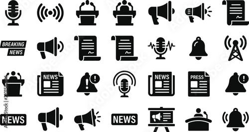 Tableau sur toile Black news and broadcast icons set microphones speakers and alert symbols