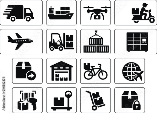 Foto Logistics and delivery icons set transportation warehousing and global shipping