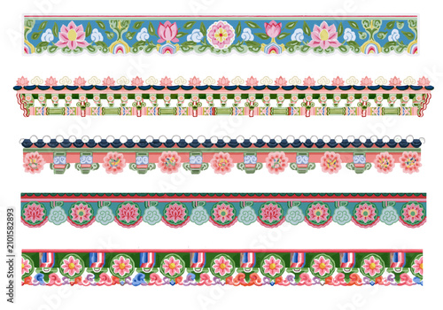 Watercolor style traditional Korean Dancheong architecture border set