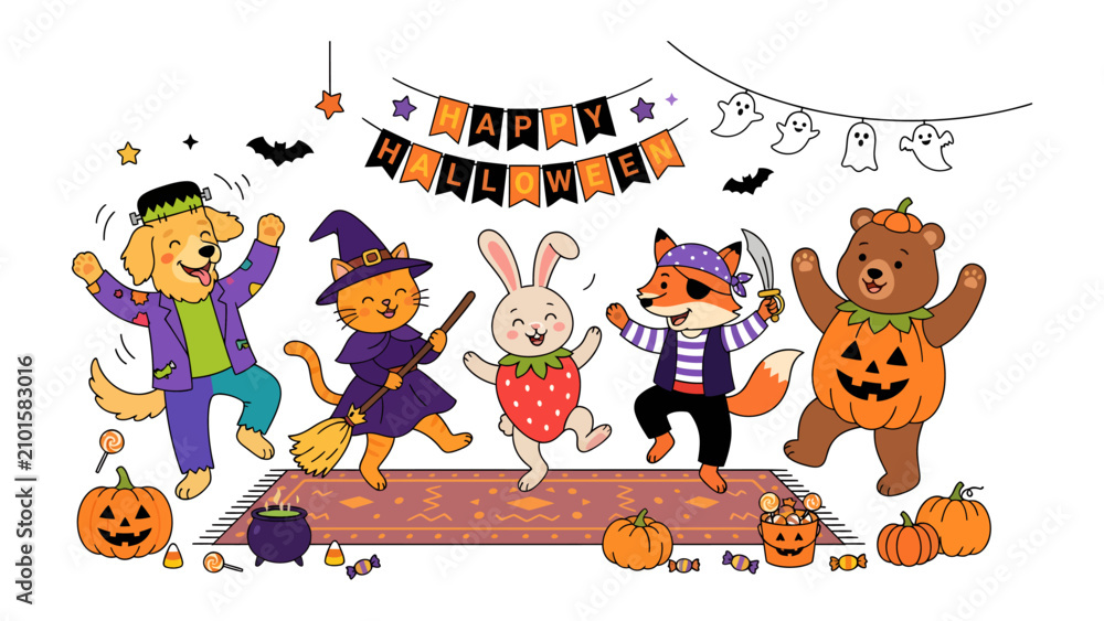 Fototapeta premium Halloween Party Animals: A delightful illustration of anthropomorphic animal characters dressed in Halloween costumes, dancing joyfully with pumpkins and spooky decorations.