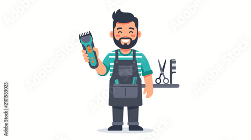Smiling male barber character holding a hair clipper with scissors and comb on a shelf, professional hairdresser illustration.