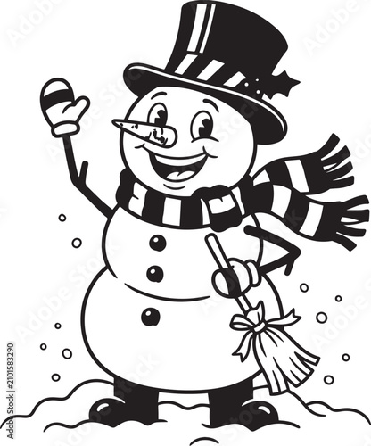 Cuadro en lienzo Cheerful cartoon snowman waving in winter