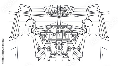 Airplane cockpit flight deck interior line art.