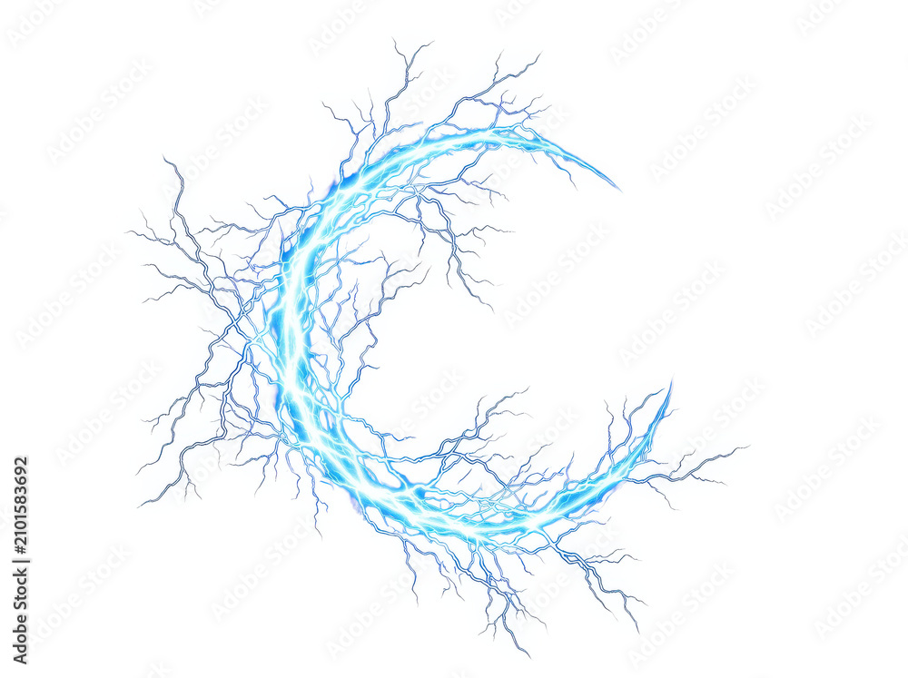 Fototapeta premium Bright blue electric lightning bolt glowing in a curved shape with sparking energy